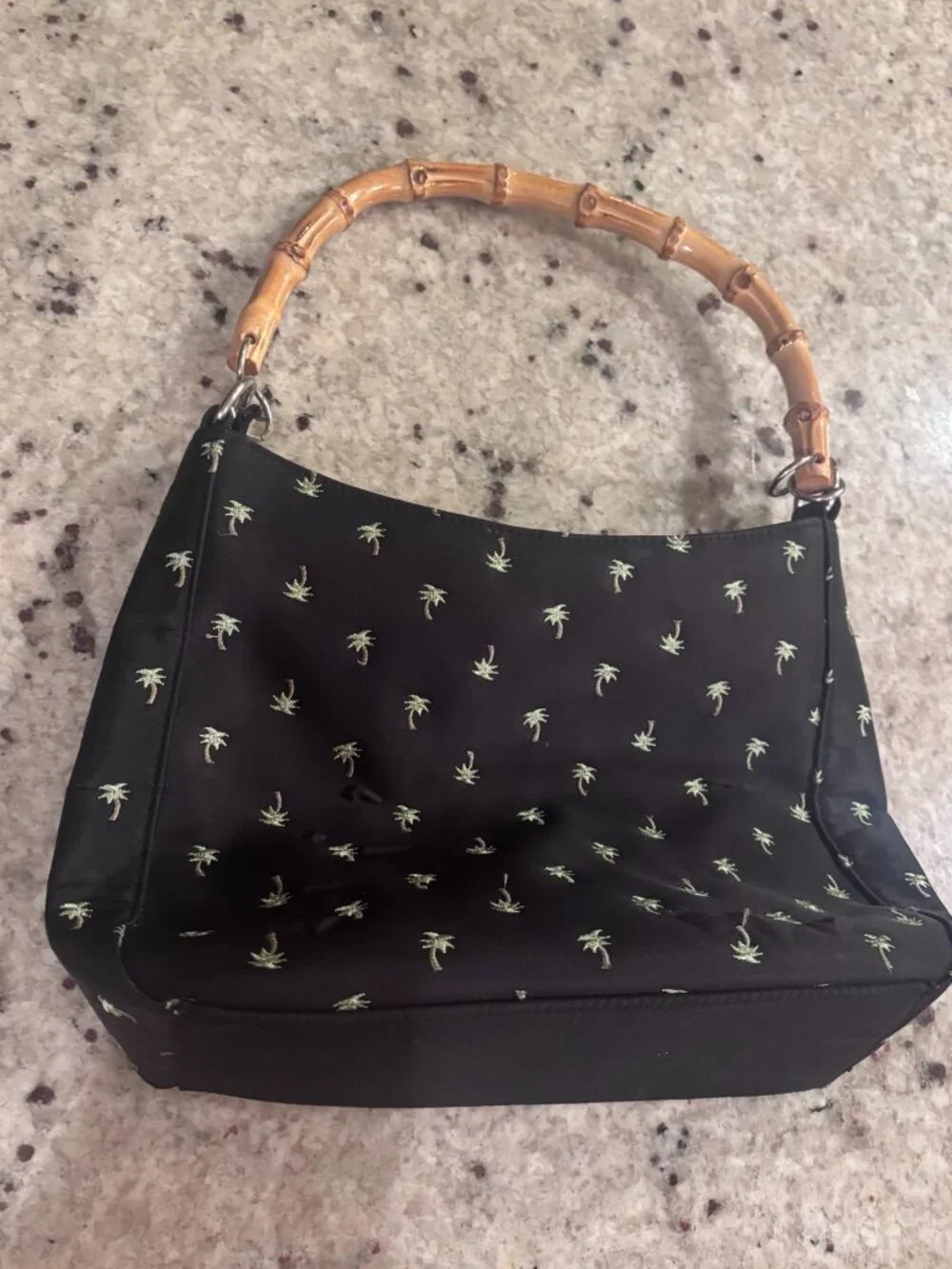 Palm Tree Print Bamboo Handle Bag Black Mini Hobo Summer Tropical Resort Y2K